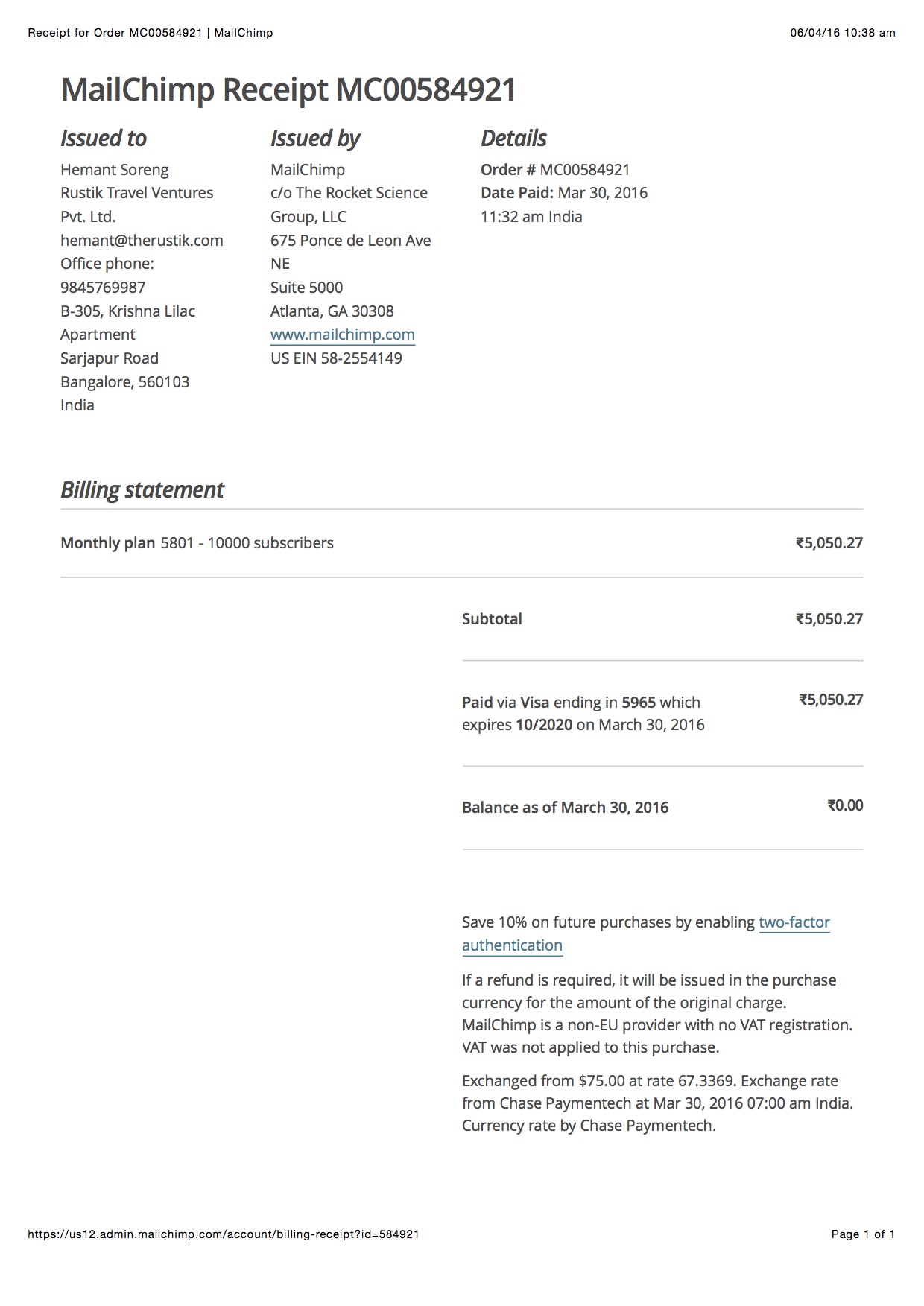 Mailchimp invoice